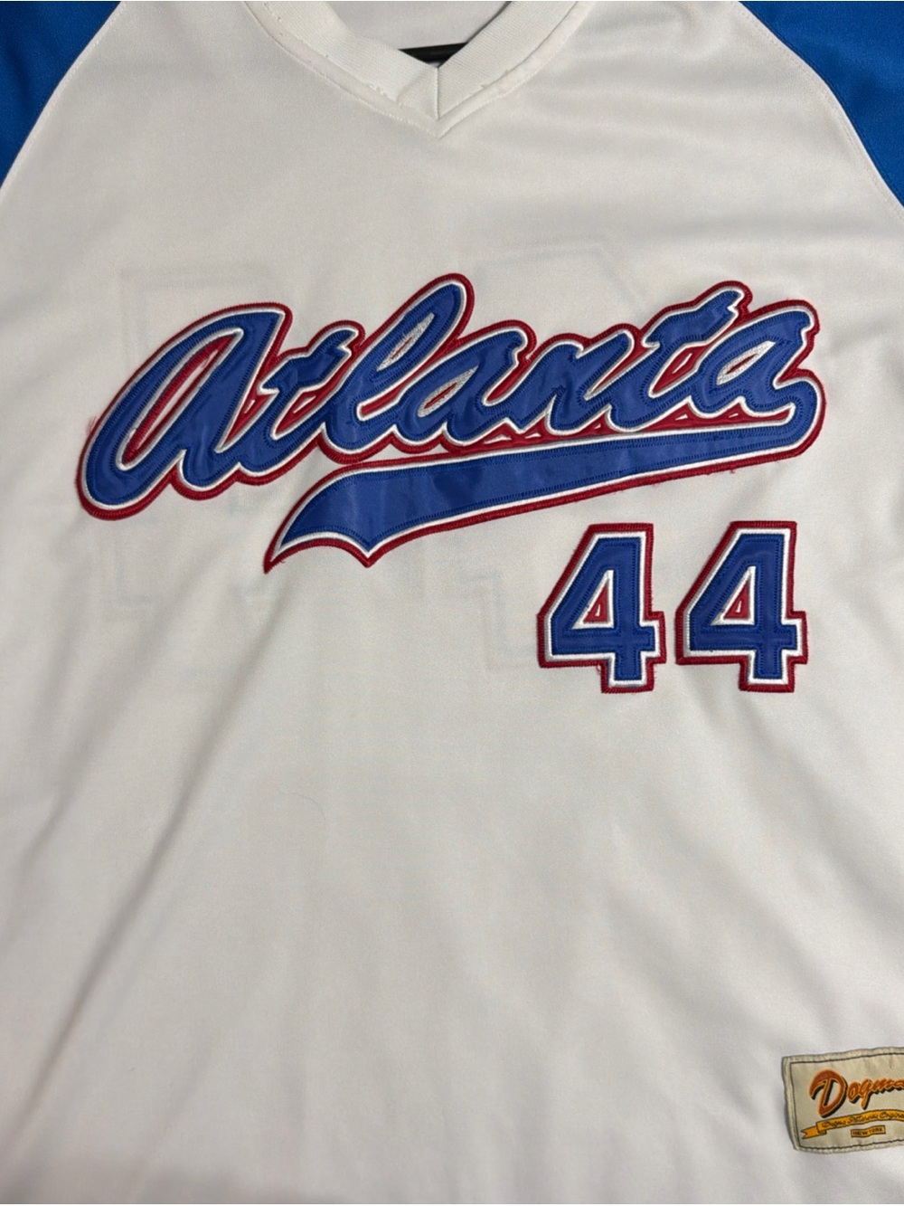 Atlanta Braves Hank Aaron Script Baseball Jersey - White with Royal & Red